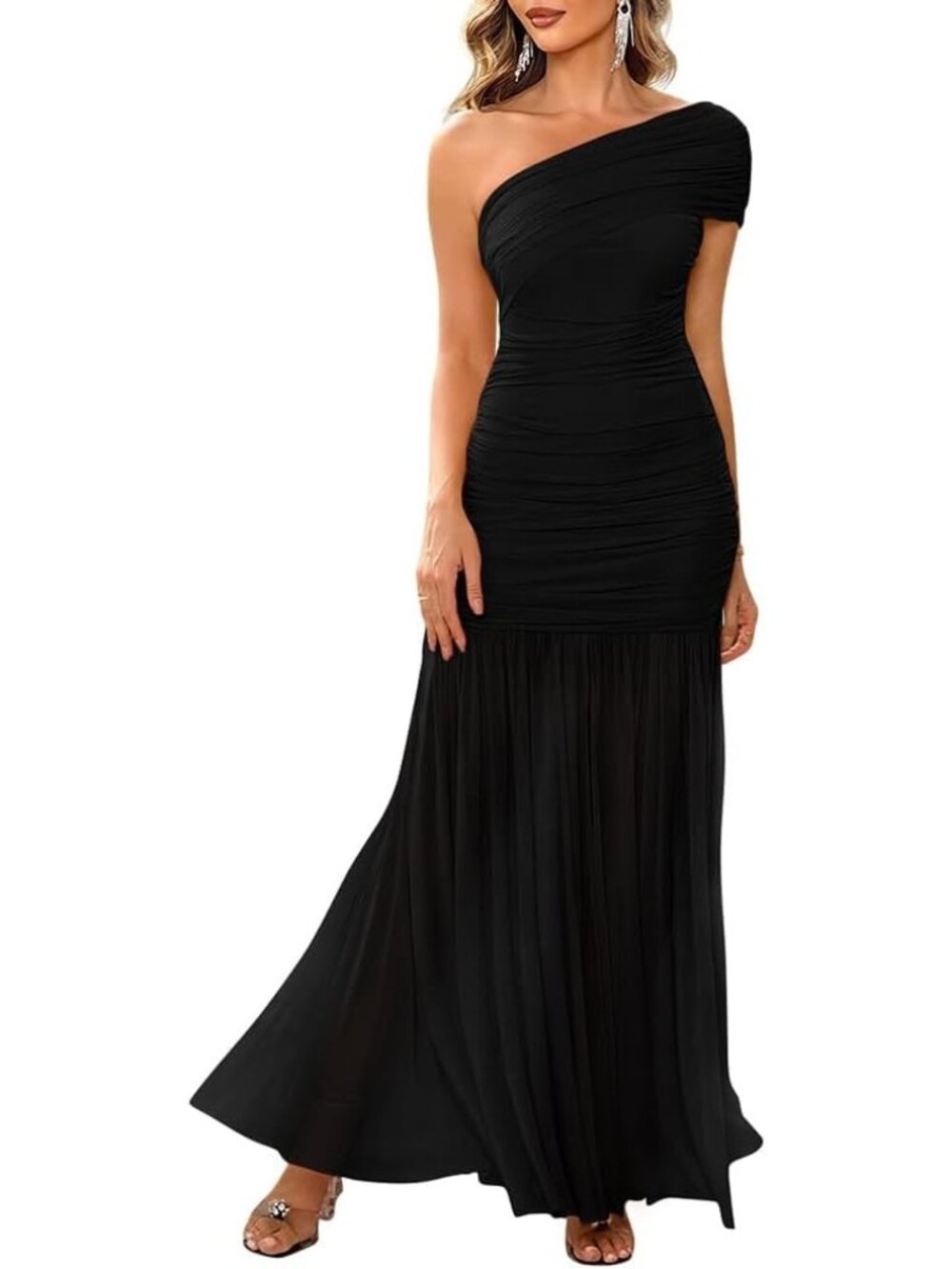 Women's Black Elegant One Shoulder Sleeveless Ruched Long Bodycon Maxi Dress